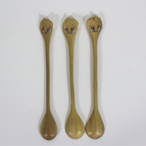 Vintage Set of Carved Elephant Animal Wood Condiment or Sugar Spoons - Picture 4 of 7